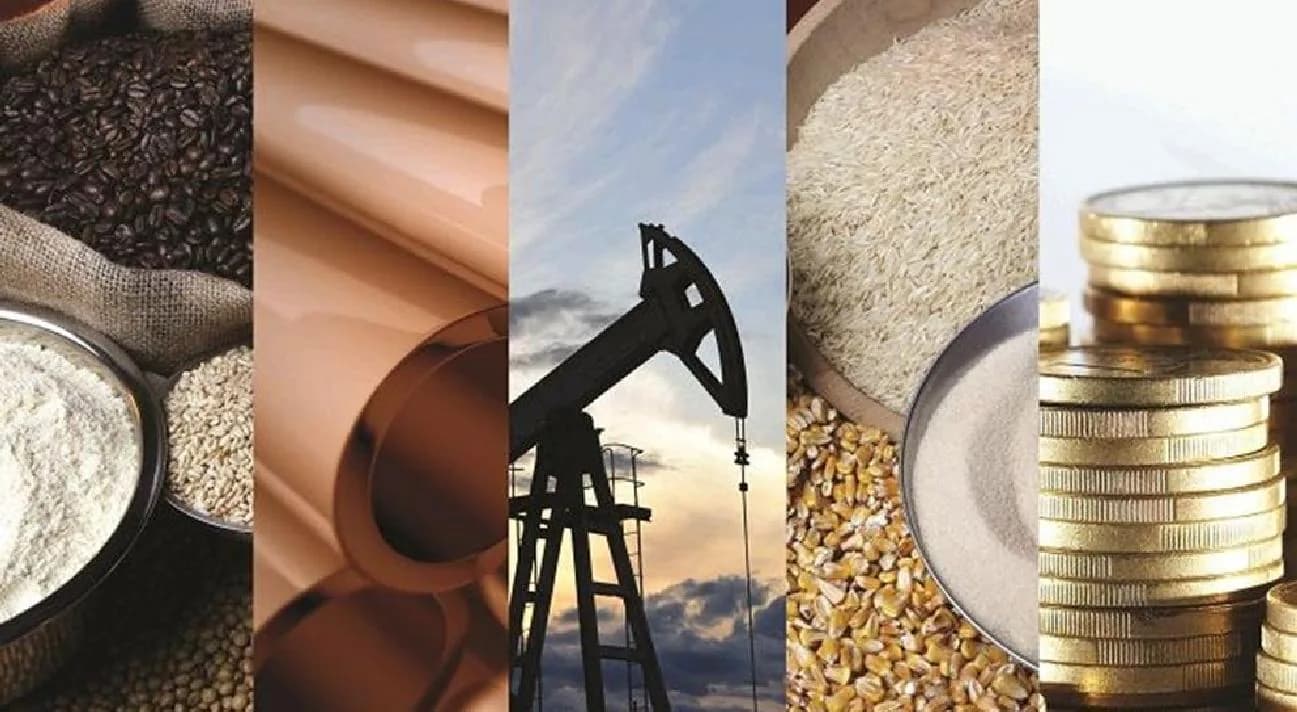 Raw materials: sacks of grain, copper coils, oil pumpjack, rice and gold coins