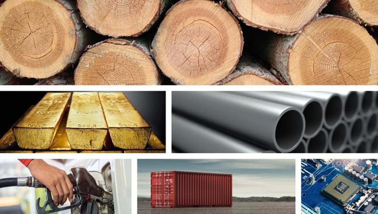 Timber, gold bars, steel pipes, fuel and containers